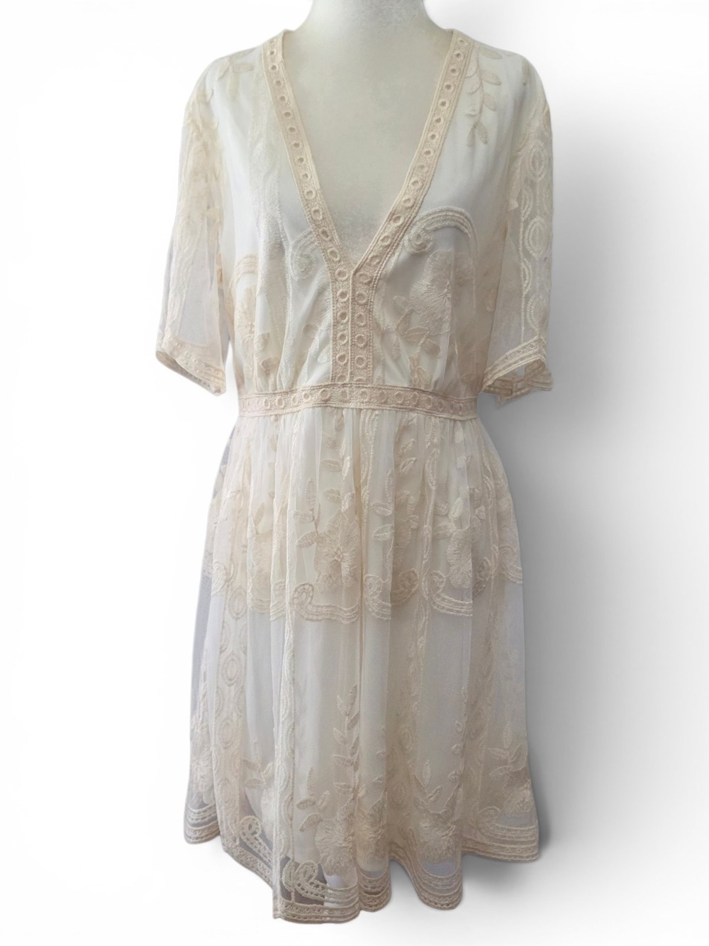 Haute Monde Cream Lace Embroidered V-Neck Dress